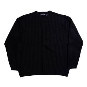 VTG 90's Structure Sweater Large Black Ribbed V-Neck Lambswool Blend Mens